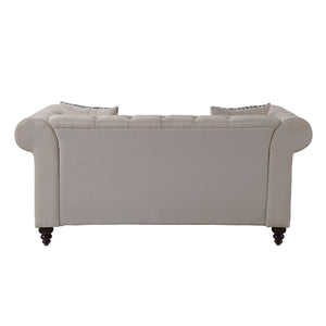 English Elm Aurelia Beige Linen Loveseat with 2 Patterned Pillows, Chesterfield Tufted Arms, Nailhead Trim, KD Legs B2726P288350
