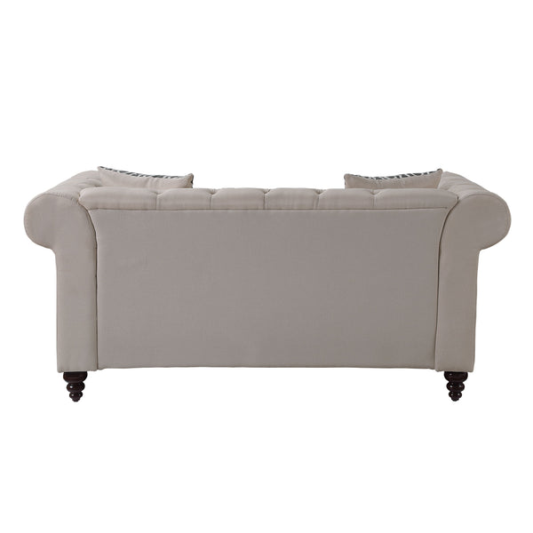 English Elm Aurelia Beige Linen Loveseat with 2 Patterned Pillows, Chesterfield Tufted Arms, Nailhead Trim, KD Legs B2726P288350