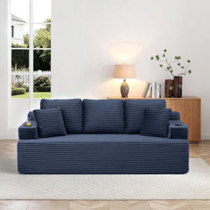 English Elm 86.2''boneless Floor Sofa Ribbed Corduroy 3 Seater with Cup Holders and Side Pockets Blue W1117P421191