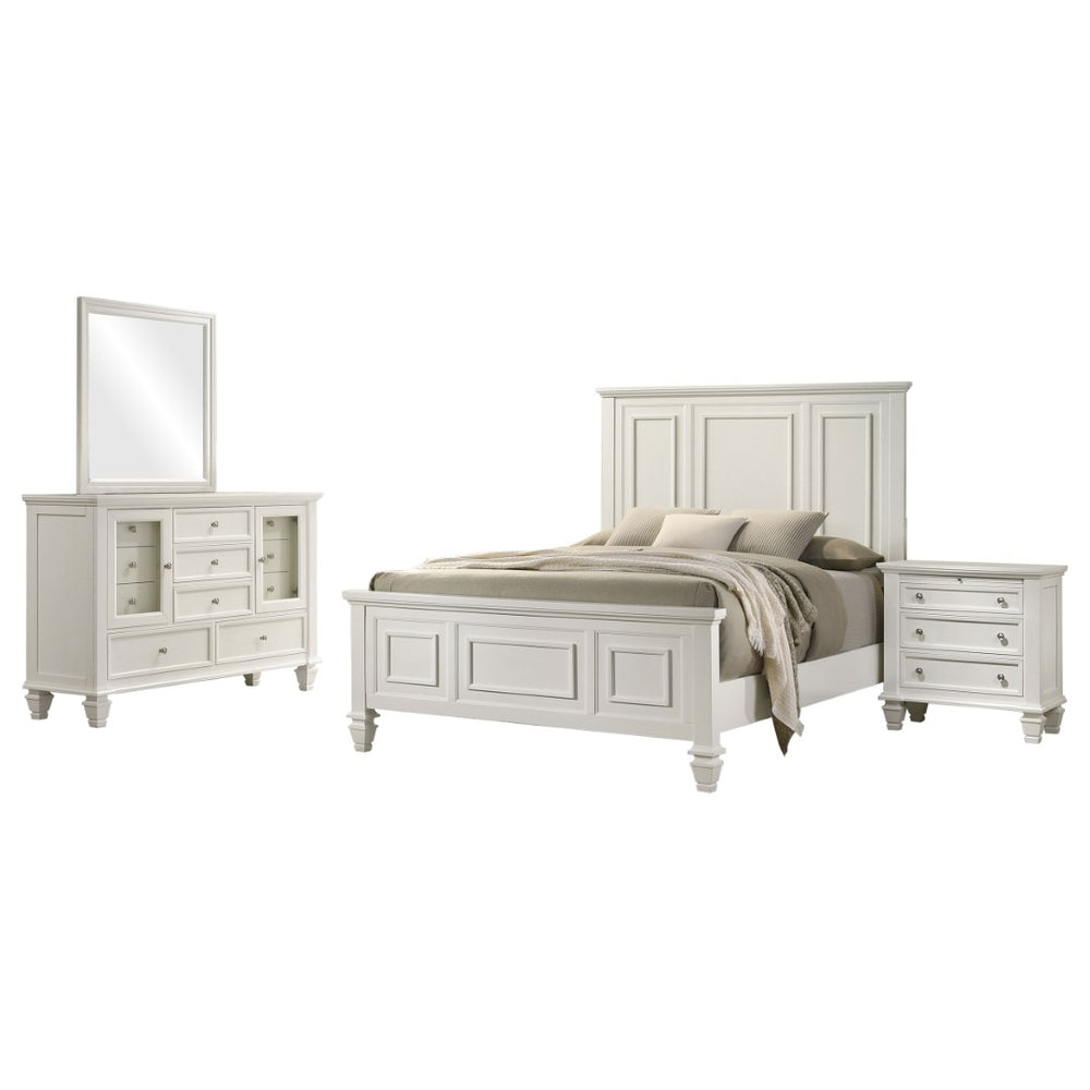 English Elm Cortina Queen Bedroom Set Carved Panel Hardwood Frame Cream Finish Nickel Hardware B062S00781
