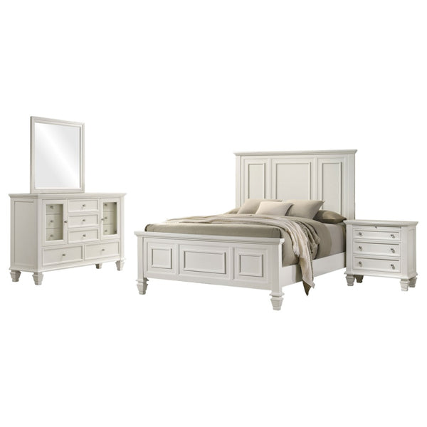 English Elm Cortina Queen Bedroom Set Carved Panel Hardwood Frame Cream Finish Nickel Hardware B062S00781