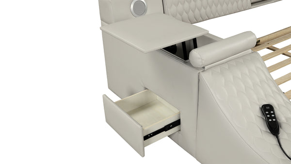 English Elm ZOYA Queen Beige smart multifunctional bed with massage chaise, Bluetooth, USB charging, storage B009S01006