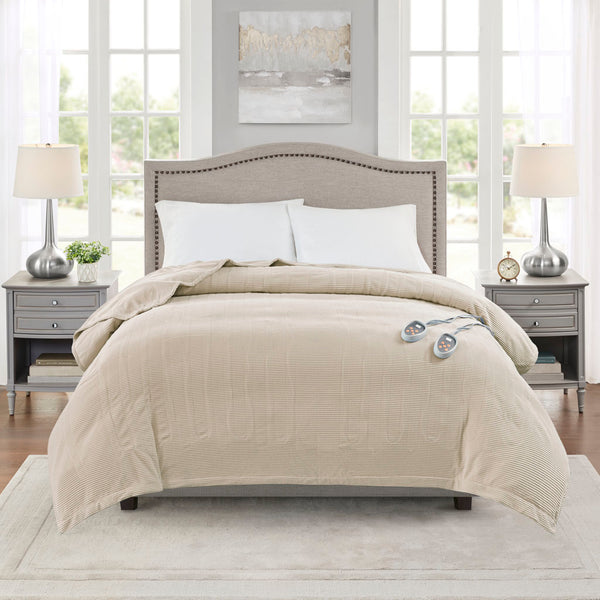 JLA Home Beautyrest - Heated Beautyrest Electric Micro Fleece Blanket with Safe EMF Reduction, 20 Heat Settings, 10H Auto-Off Beige BR54-0180