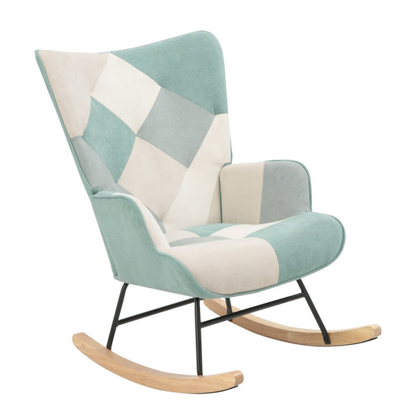 English Elm Rocking Chair With Ottoman - Cozy Mid-Century Patchwork Linen Rocker For Living Room & Bedroom Comfort W561P175990-GIGA
