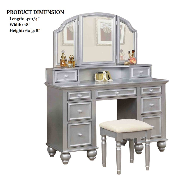 English Elm Transitional Glam Mirrored Vanity with Padded Stool, Spacious Drawers, Central Mirror for Prep and Storage Silver 51 L x 21 W x 30 H B2741P400804
