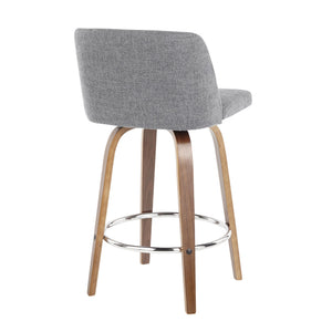 English Elm Toriano Mid-Century Modern Counter Stool Set of 2 with Padded Fabric Seat, Walnut Legs & Chrome Footrest Grey B202S00386