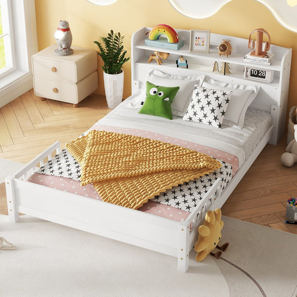 English Elm Full Pine Wood Bed with Bookcase Headboard and LED Motion Sensor Light, Guardrails & Storage Space White W504P277600