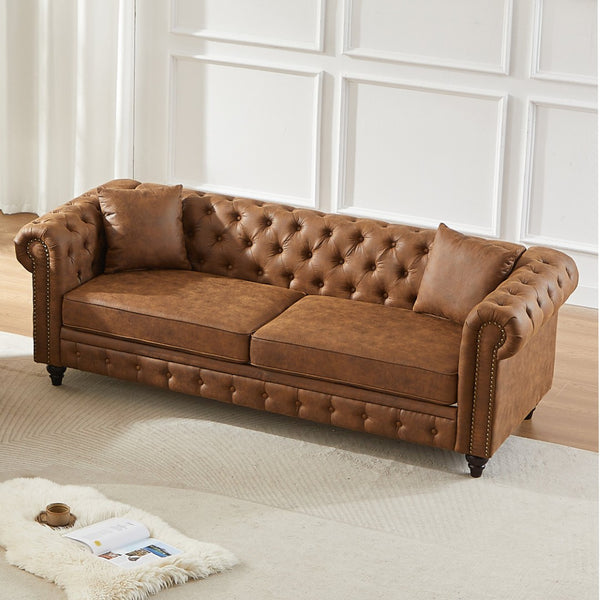English Elm Fx Chesterfield Sofa Hand Tufted Tech Fabric Three Seat Living Room Couch Brown W1926S00107