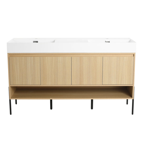 English Elm 60" Oak Bathroom Vanity Combo with Resin Basin, 4-Door Storage, Multi-Layer Wood Frame, Modern Elegance W1972S00011
