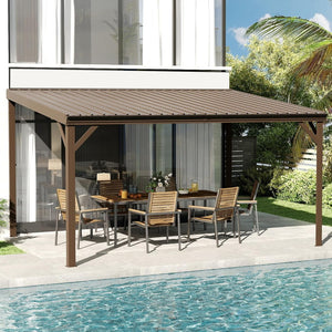 English Elm 10x14ft Lean to Hardtop Gazebo Wall Mounted Steel Roof Shelter for Deck Porch Brown W1859S00196