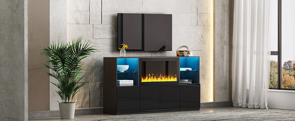 English Elm On-Trend High Gloss Tv Stand With 34.2" Electric Fireplace & Led Lighting, Fits Tvs Up To 75" Black N721S000042B