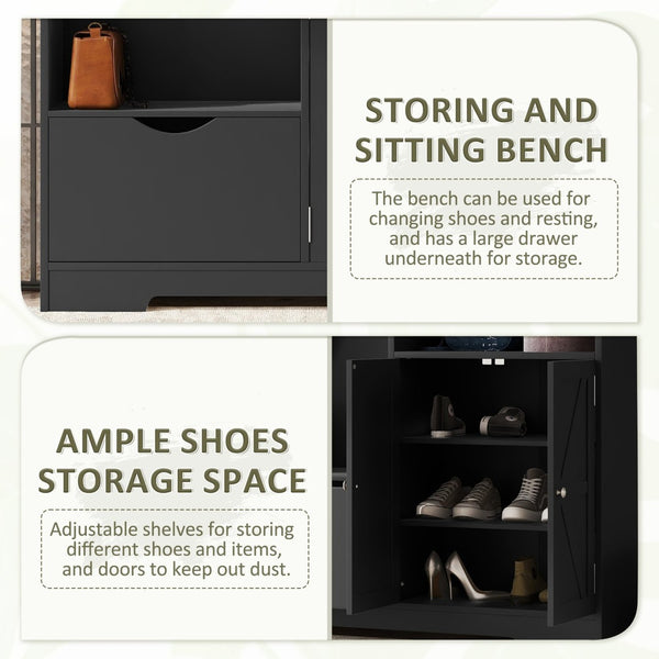 English Elm Multi-functional Entryway Hall Tree with Hooks Bench Drawer Cabinet in Matte Black W1307S00034