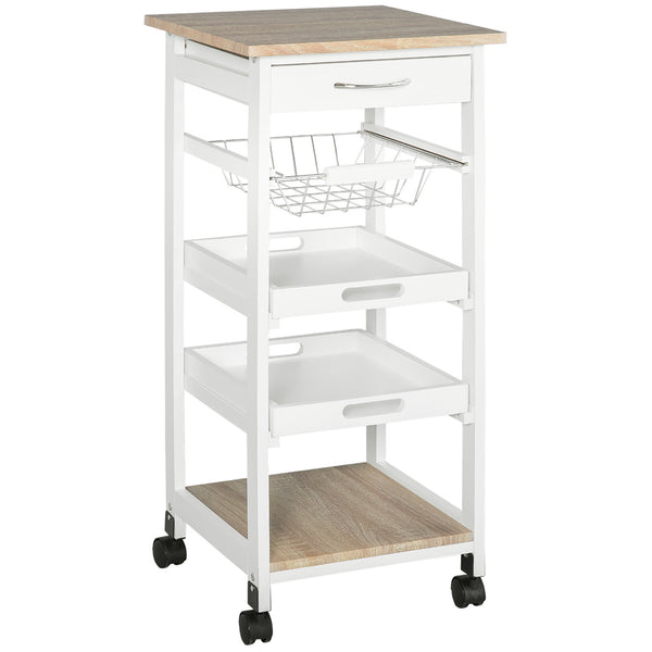 English Elm Homcom Mobile Kitchen Cart - Versatile Rolling Island With Storage, Solid Wood Frame & Wire Baskets W2225P200686