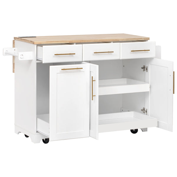 English Elm K&K Vintage Kitchen Island with Rubberwood Top, Hidden Wheels, Pull-Out Trash & Charging Station White N707P299014W