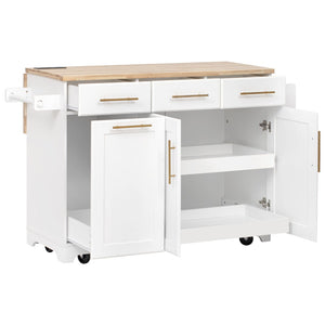 English Elm K&k Rolling Kitchen Island Rubber Wood Top Brass Hardware Built-in Outlets Storage White N707S299014W