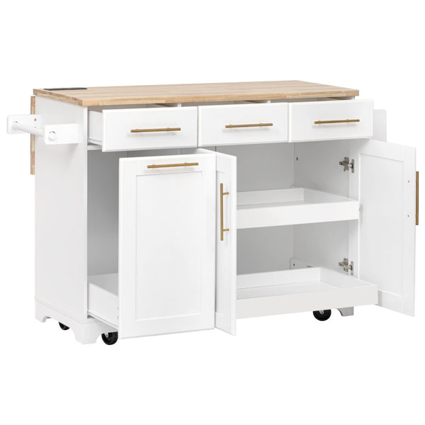 English Elm K&k Rolling Kitchen Island Rubber Wood Top Brass Hardware Built-in Outlets Storage White N707S299014W