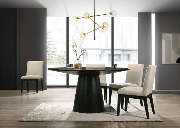 English Elm Jacopo Round Pedestal Dining Set Five Piece Ebony Black with Beige Upholstered Chairs B2749S00286