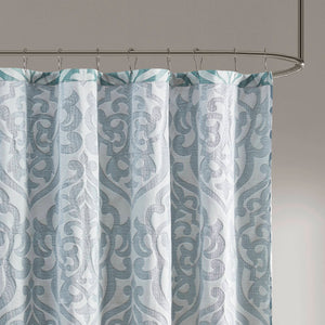 JLA Home Madison Park - Jacquard Silver Medallion Shower Curtain — Textured Damask Weave, 72x72 Durable Machine-Washable Aqua/Silver MP70-8085