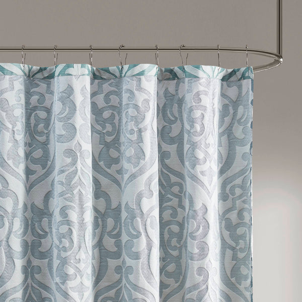 JLA Home Madison Park - Jacquard Silver Medallion Shower Curtain — Textured Damask Weave, 72x72 Durable Machine-Washable Aqua/Silver MP70-8085