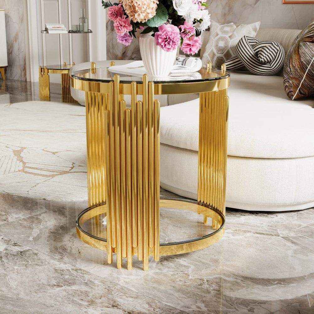 English Elm Modern Round Mirrored Glass End Table with Gold Metal Frame and Lower Display Shelf Transparent N735P380092K