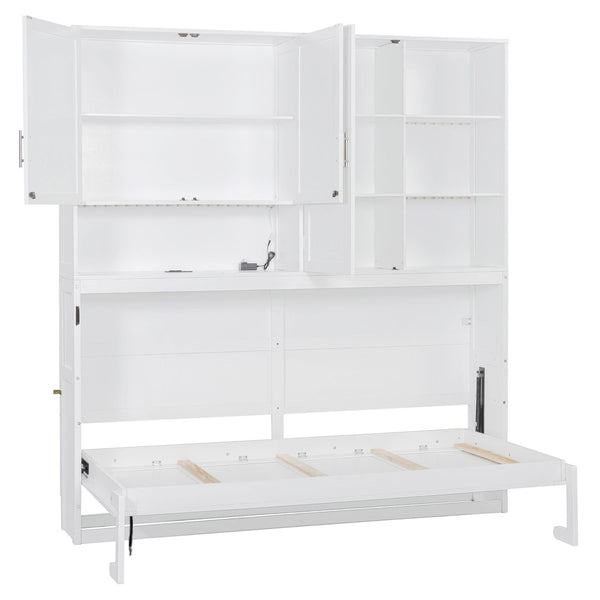 English Elm Twin Murphy Bed with Cabinet Shelves Built in Lighting Usb Ports Space Saving Wall Unit White LP000389AAK-1