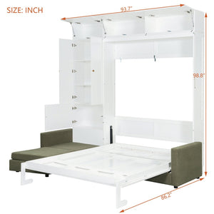English Elm Queen Murphy Bed with L-shaped Velvet Sofa Storage Cabinets for Studio Living White LP000765AAG-1