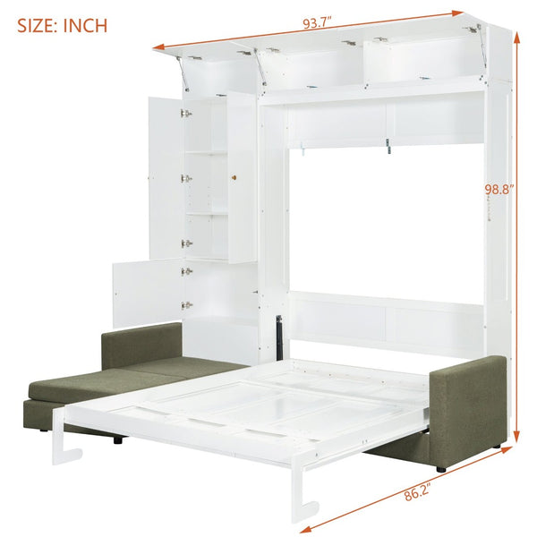 English Elm Queen Murphy Bed with L-shaped Velvet Sofa Storage Cabinets for Studio Living White LP000765AAG-1