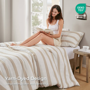 English Elm 2-piece Yarn-dyed Striped Polyester Comforter Set with Seersucker Texture for Year-round Comfort Taupe B035P463215