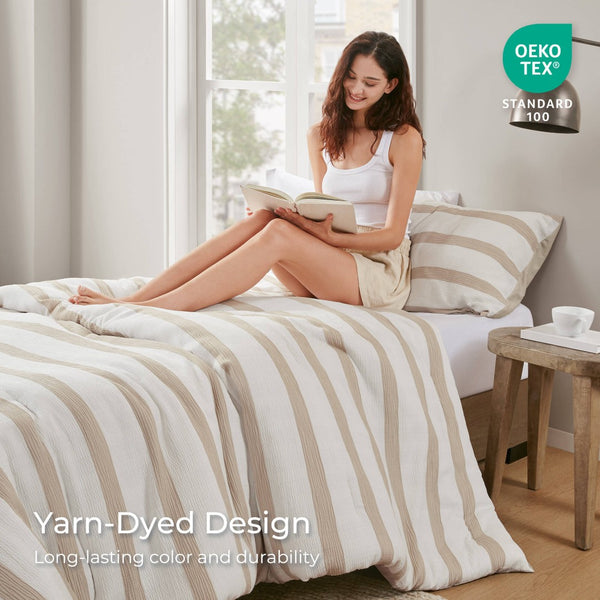 English Elm 2-piece Yarn-dyed Striped Polyester Comforter Set with Seersucker Texture for Year-round Comfort Taupe B035P463215