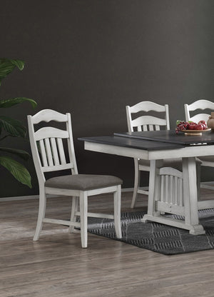 English Elm Antique 7pc Dining Set with Trestle Table, 2 Leaves & 6 Ladder Back Chairs in Grey Rustic White Finish B011S01487