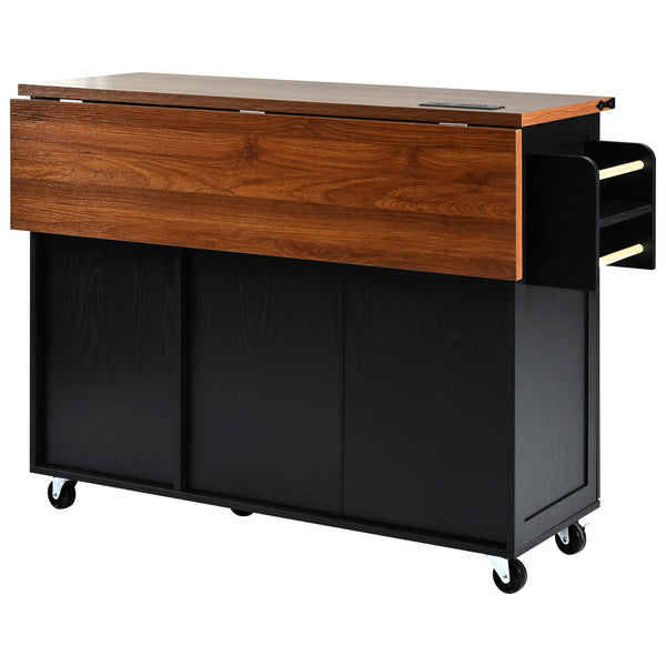 English Elm K&K 54.5" Farmhouse Kitchen Island with Drop Leaf, Built-In Power Station, Rolling Storage Cart Black N707P170349B