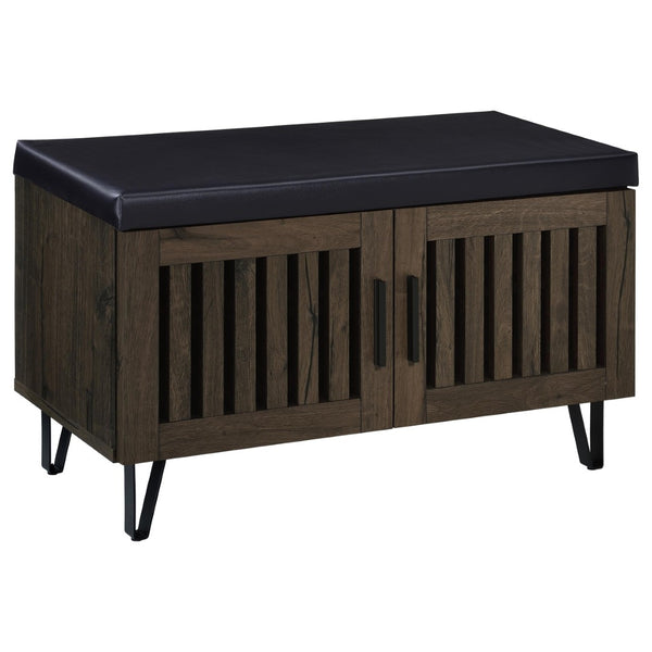 English Elm Astor Smoked Finish Entryway Bench with Drawer Open Shelving and Faux Leather Seat Oak B062P440402