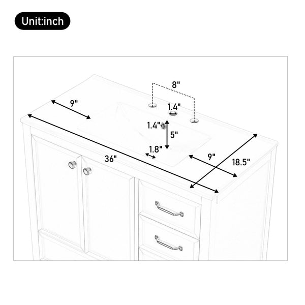 English Elm 36" Solid Pine Bathroom Vanity with Ceramic Sink 4 Soft Close Drawers Vintage Style White N759S293646K