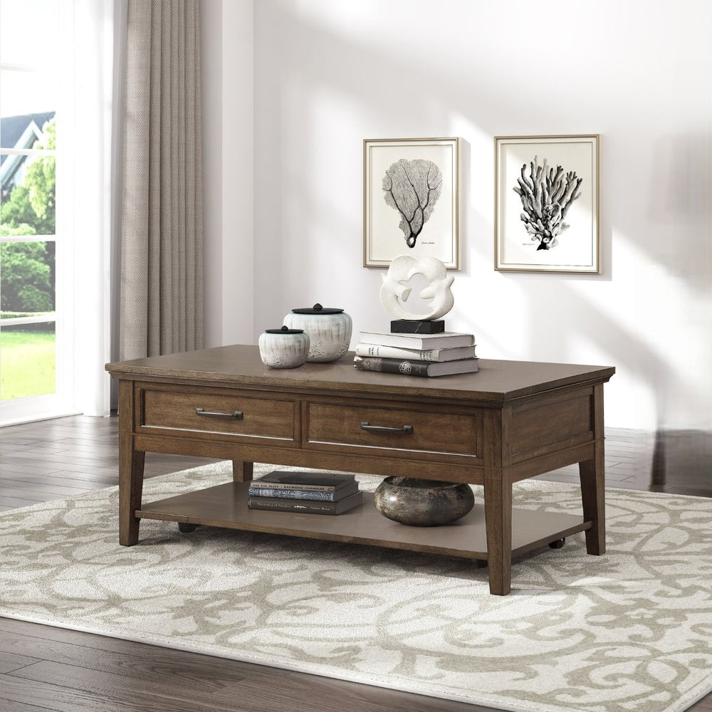 English Elm 1pc Walnut Birch Veneer Cocktail Table with Drawers Shelf Casters Living Room B011P459335