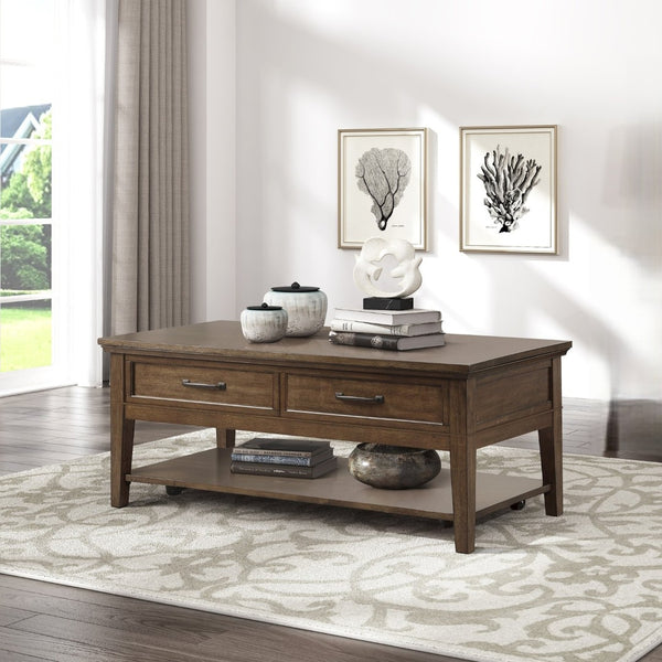 English Elm 1pc Walnut Birch Veneer Cocktail Table with Drawers Shelf Casters Living Room B011P459335