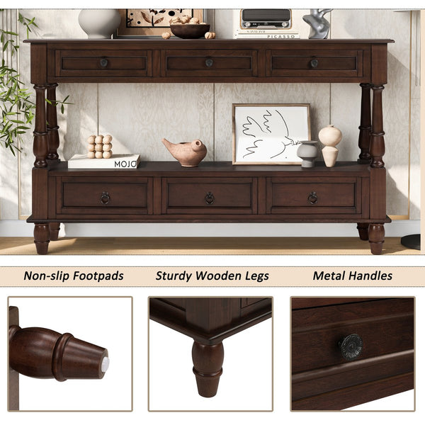 English Elm Solid Wood Console Table 54" 6-Drawer Vintage Style with Lower Shelf, Sturdy Pine Build, 220LB Top Capacity Espresso W1202P303773