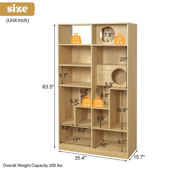 English Elm Modern Wood Grain Bookshelf Cat Habitat with Climbing Cubbies for Living Room Natural N752P395027N