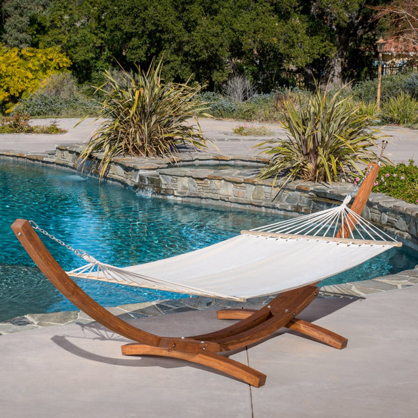 English Elm Christopher Knight Home® - RICHARDSON Hammock Cream with Larch Wood Curved Stand, Sunbrella Cotton, Quick-Dry Outdoor Retreat 54883.00BSE-69824.00CRMFBC