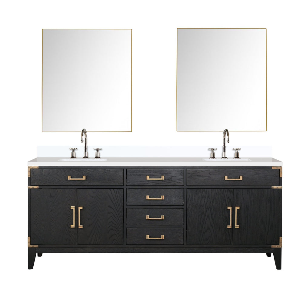 English Elm Black Oak Double Bath Vanity With Cultured Marble Top, Dual Sinks, Chrome Faucets & Mirrors Set B2731S02192