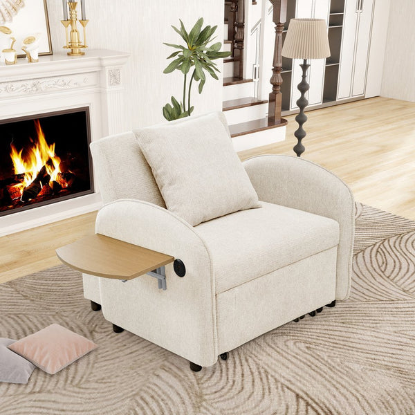 English Elm Convertible Single Chair Bed with Foldable Computer Desk, USB Charging, 3-in-1 Recliner to Bed Comfort Creamy White W2941P325528