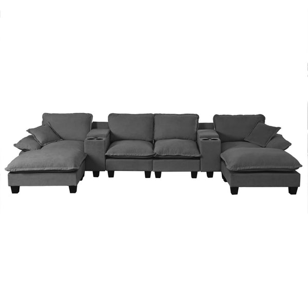 English Elm Modular U-shaped Chenille Sectional Sofa with Storage Consoles Usb Charging and Ottomans Grey W3163S00126