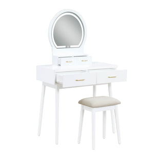English Elm Beautiful LED Vanity Dresser with Touch Mirror and Padded Stool, Luxe Wood Finish, Brass Pulls, Storage White 33.75 L x 21.75 W x 13.25 H B011P347851