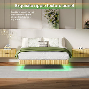 English Elm Oak Queen Floating Bed Frame with LED Accent, Wave Curve Oak Texture, Heavy-Duty Metal Slats, 1000LB Capacity W1820P333575