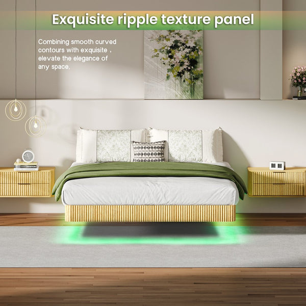 English Elm Oak Queen Floating Bed Frame with LED Accent, Wave Curve Oak Texture, Heavy-Duty Metal Slats, 1000LB Capacity W1820P333575
