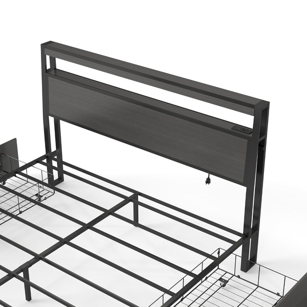 English Elm Queen Metal Platform Bed with Rgb Led Headboard Charging Station and Underbed Storage T3963P483012
