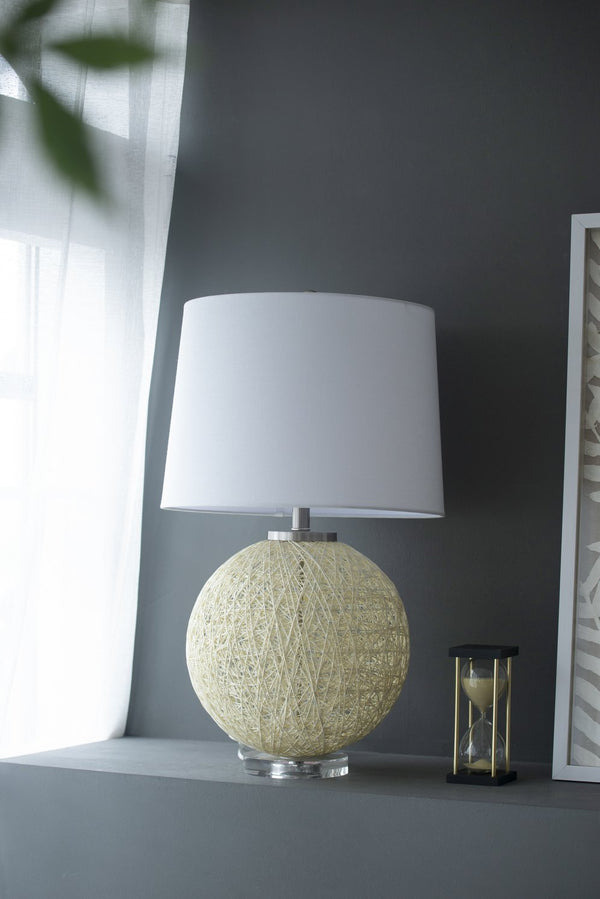 English Elm D16.1''xH26'' Estella Round Table Lamp with Beige Cross-Hatch Base and Natural Linen Shade for Cozy Reading W2078P395553