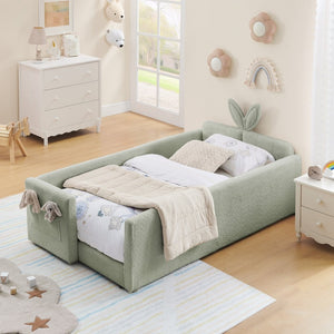 English Elm Twin Boucle Upholstered Kids Bed Whimsical Rabbit Ear Headboard with Safety Rail Cyan W1413P407489