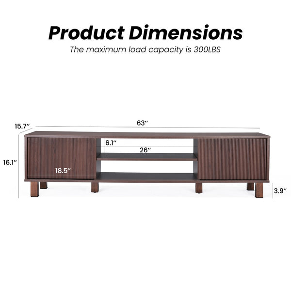 English Elm Modern Low Profile Media Console with Open Shelving and Concealed Cabinet Storage Walnut T3623P435419