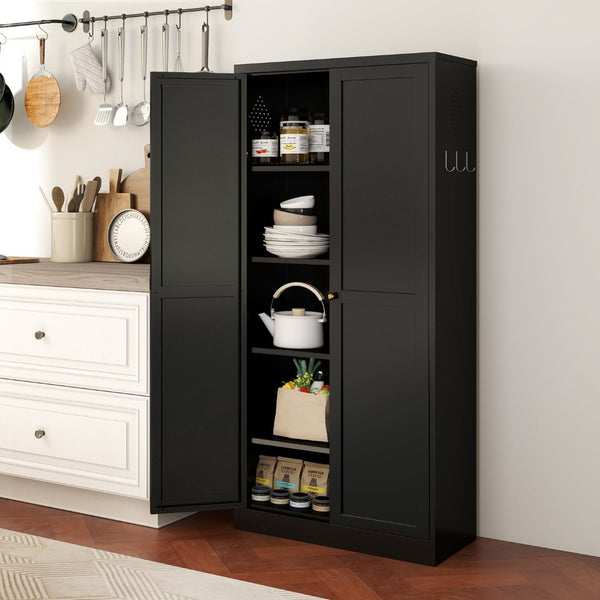 English Elm 61" Matte Black Steel Freestanding Pantry Cabinet with 4 Adjustable Shelves Modern Farmhouse T2398P465983
