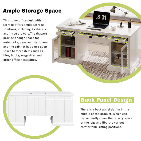English Elm 67" White Executive Desk with Cabinet Storage Drawers and Usb Ports for Home Office N751S415499K